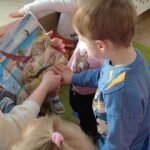 Dzieci oglądają książeczki o dinozaurach
